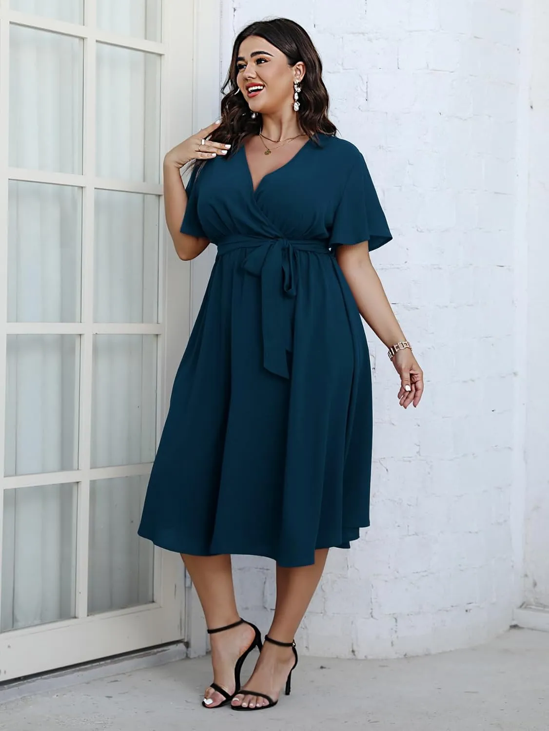 SCOMCHIC Womens Plus Size Wedding Guest Cocktail Midi Dress Summer Short Sleeve Wrap V Neck Belted A-Line Flowy Dress