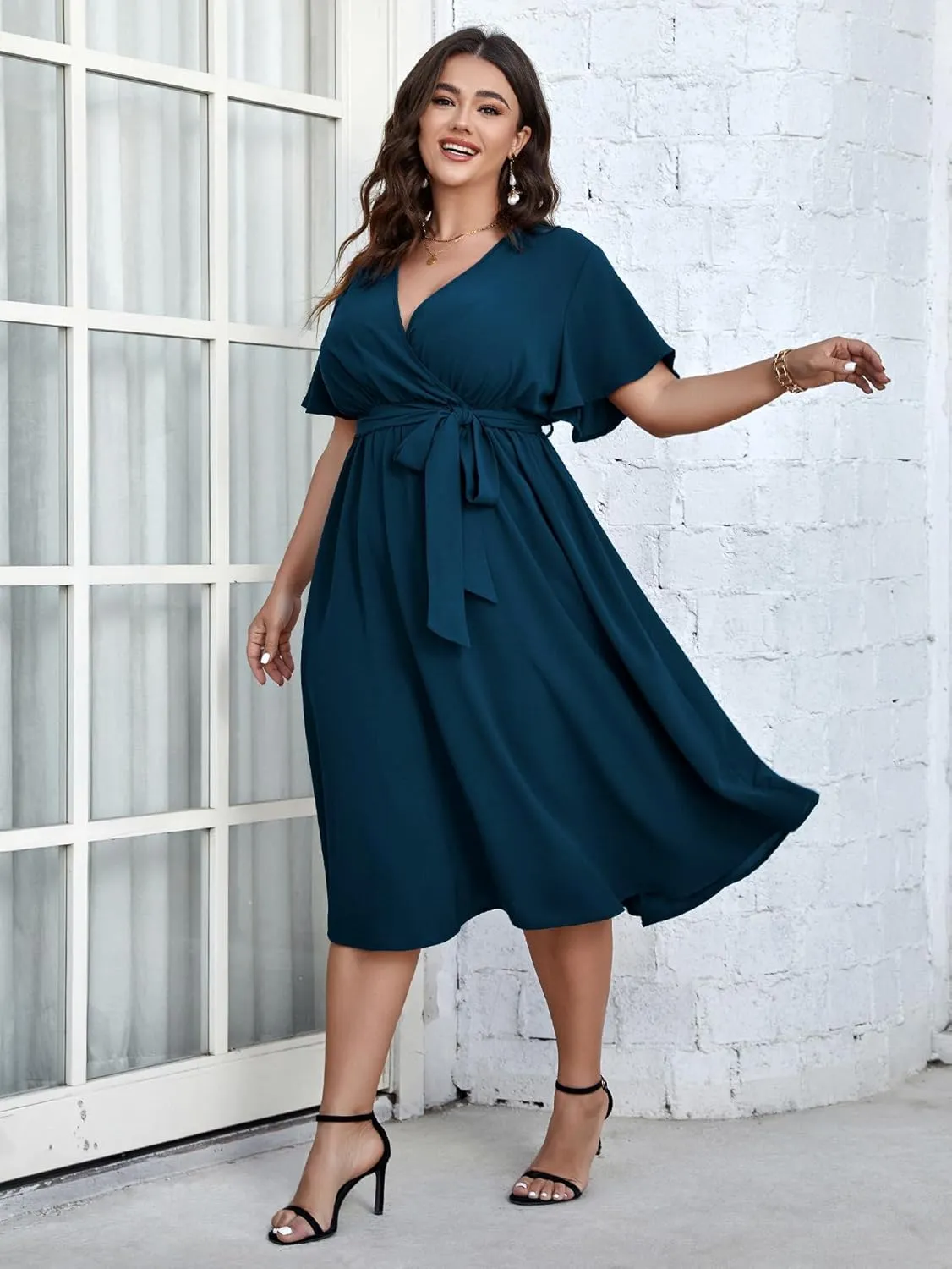 SCOMCHIC Womens Plus Size Wedding Guest Cocktail Midi Dress Summer Short Sleeve Wrap V Neck Belted A-Line Flowy Dress