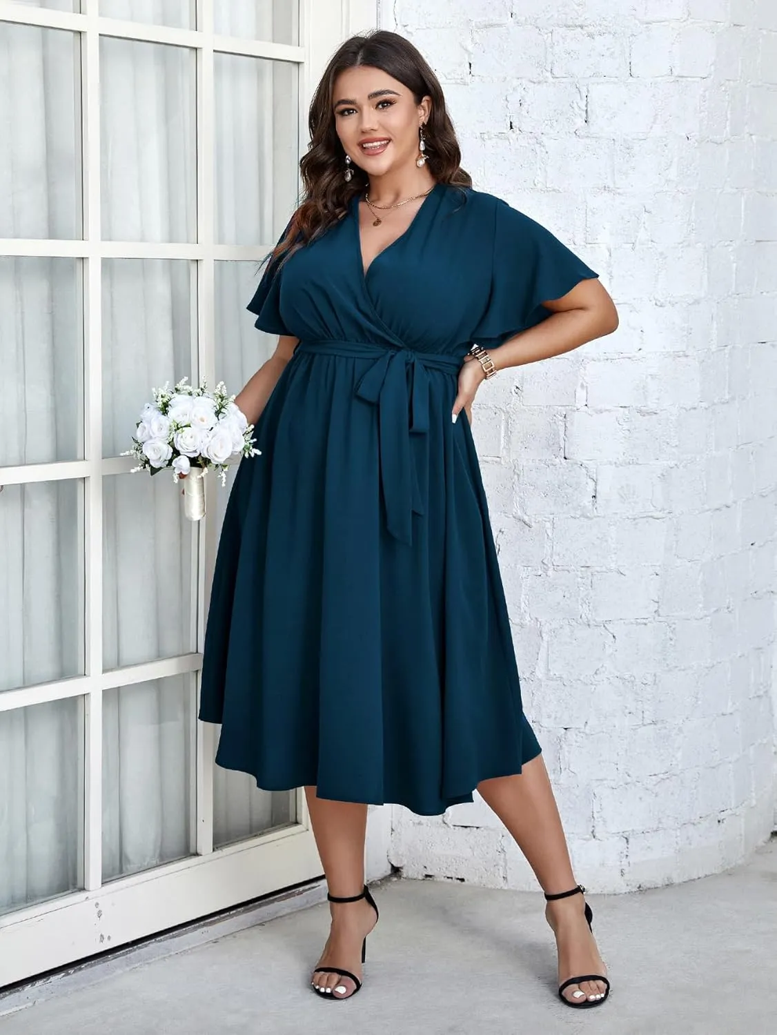 SCOMCHIC Womens Plus Size Wedding Guest Cocktail Midi Dress Summer Short Sleeve Wrap V Neck Belted A-Line Flowy Dress