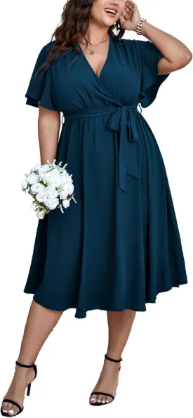 SCOMCHIC Womens Plus Size Wedding Guest Cocktail Midi Dress Summer Short Sleeve Wrap V Neck Belted A-Line Flowy Dress