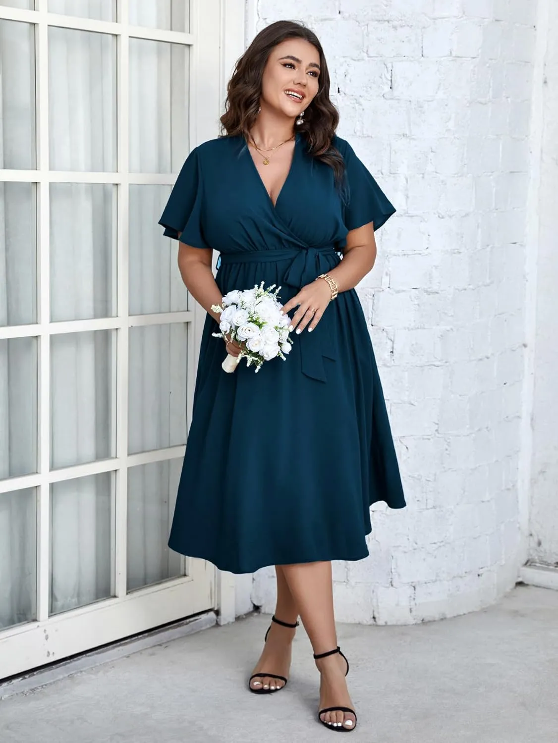 SCOMCHIC Womens Plus Size Wedding Guest Cocktail Midi Dress Summer Short Sleeve Wrap V Neck Belted A-Line Flowy Dress