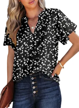 SHEWIN Women's Casual V Neck Floral Print Smocked Short Sleeve Chiffon Blouses Bohemian Top Shirts