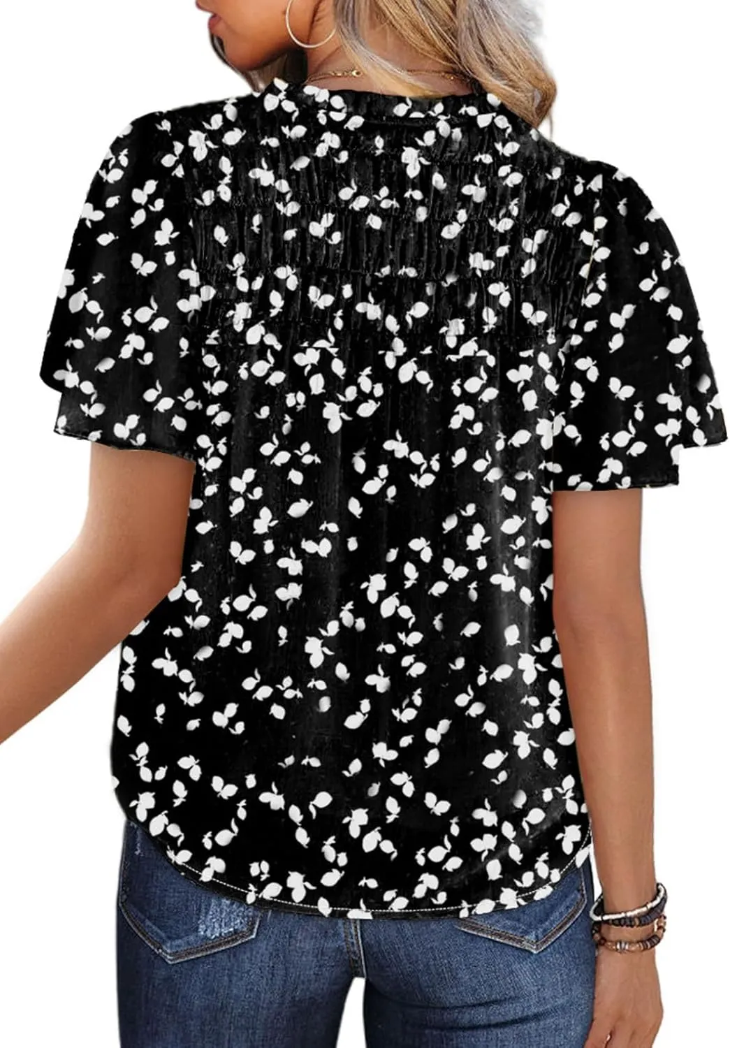 SHEWIN Women's Casual V Neck Floral Print Smocked Short Sleeve Chiffon Blouses Bohemian Top Shirts