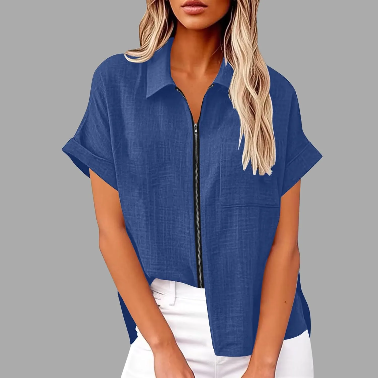 Short Sleeve Zip Open Front Shirts for Women Summer Cotton Linen Tops Lapel Collar Dressy Casual Work Blouse with Pocket