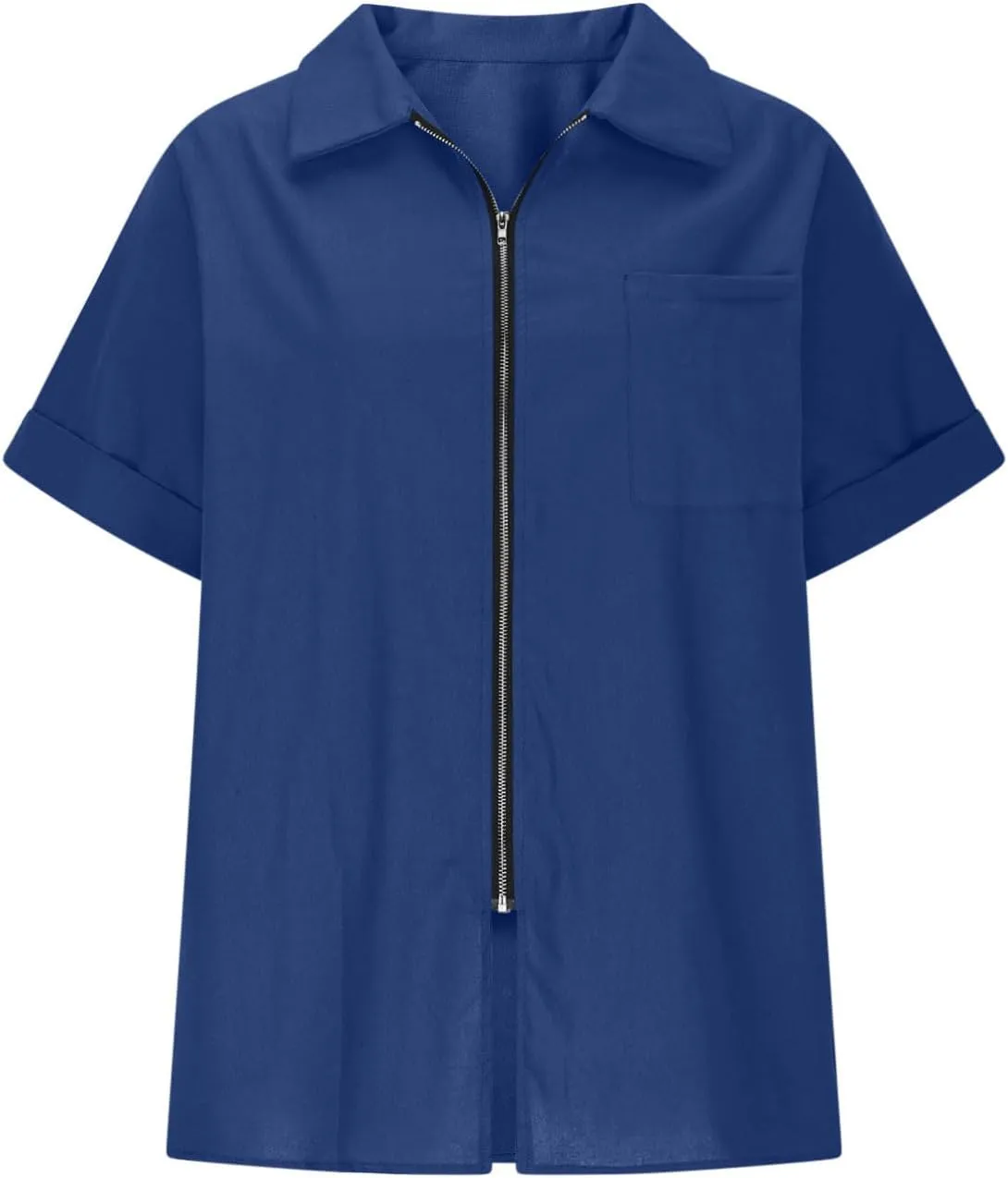 Short Sleeve Zip Open Front Shirts for Women Summer Cotton Linen Tops Lapel Collar Dressy Casual Work Blouse with Pocket