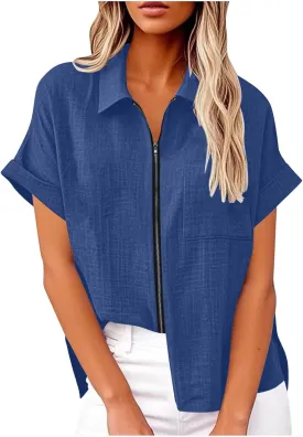 Short Sleeve Zip Open Front Shirts for Women Summer Cotton Linen Tops Lapel Collar Dressy Casual Work Blouse with Pocket