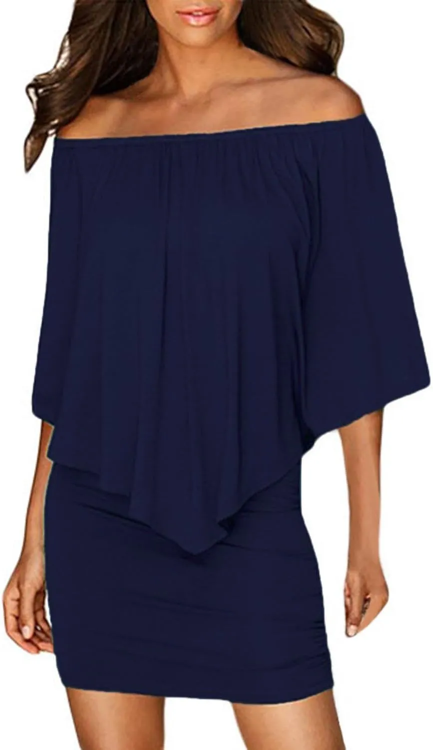 Sidefeel Women's Dresses Off Shoulder Ruffles Night Club Bodycon Mini Dress