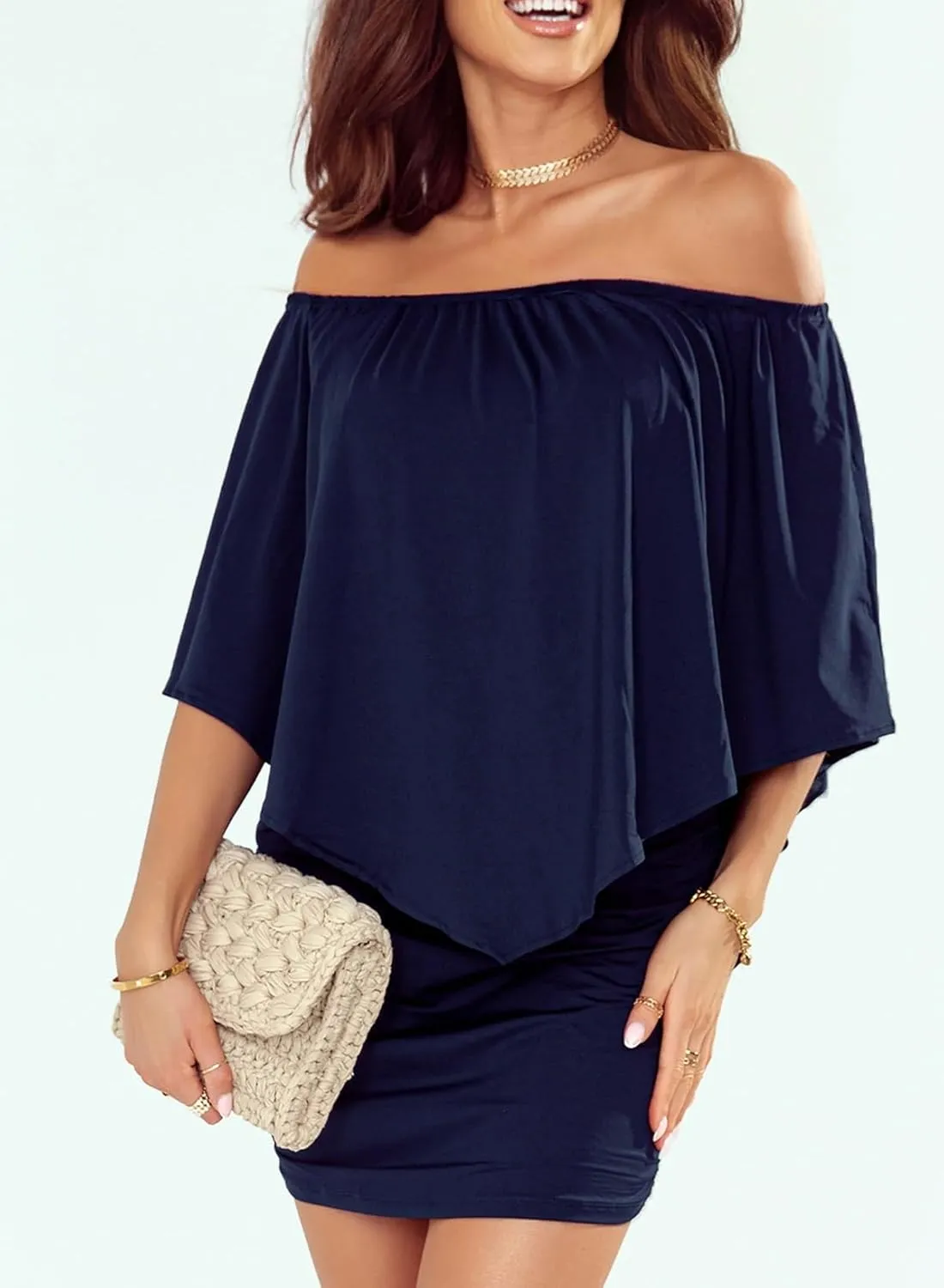 Sidefeel Women's Dresses Off Shoulder Ruffles Night Club Bodycon Mini Dress