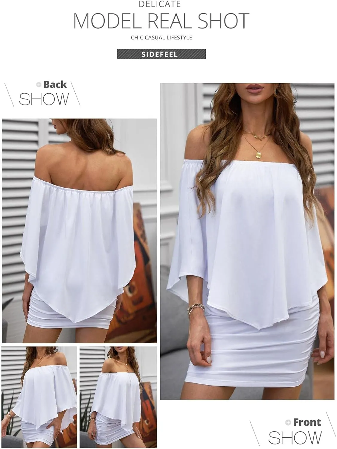 Sidefeel Women's Dresses Off Shoulder Ruffles Night Club Bodycon Mini Dress