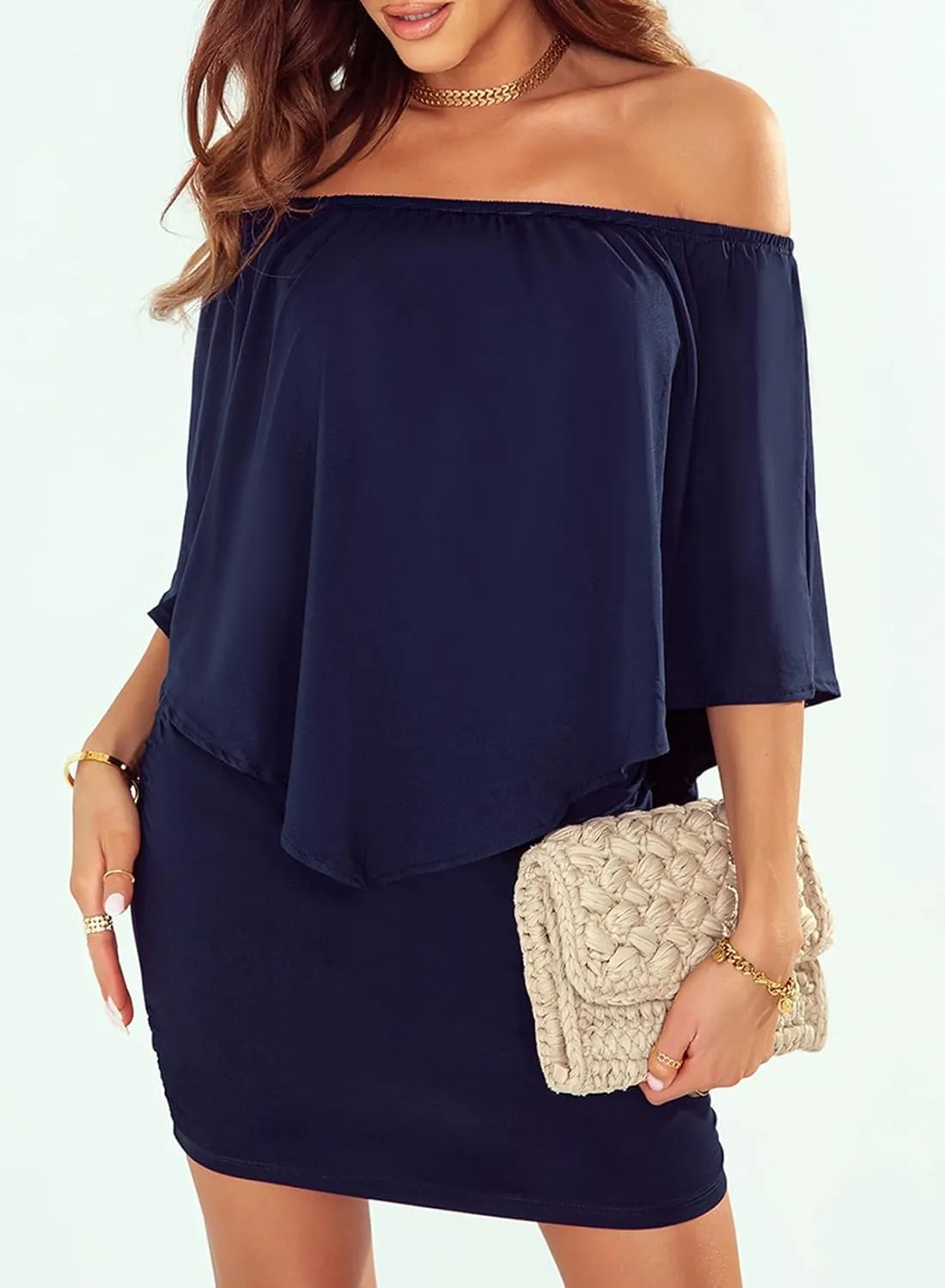 Sidefeel Women's Dresses Off Shoulder Ruffles Night Club Bodycon Mini Dress