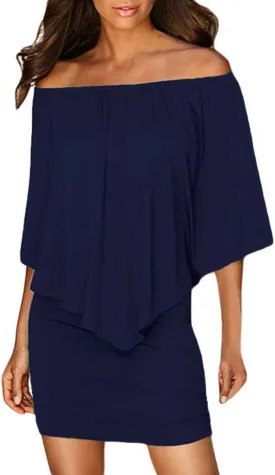 Sidefeel Women's Dresses Off Shoulder Ruffles Night Club Bodycon Mini Dress
