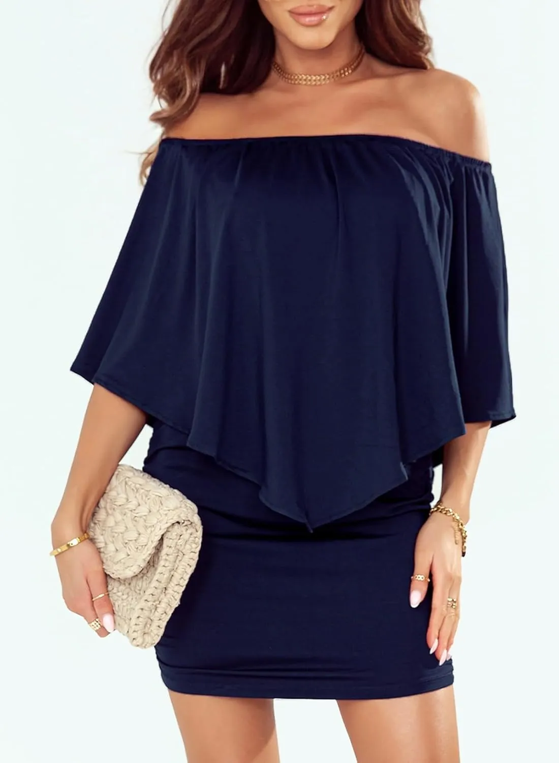 Sidefeel Women's Dresses Off Shoulder Ruffles Night Club Bodycon Mini Dress