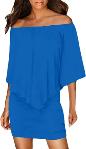 Sidefeel Women's Dresses Off Shoulder Ruffles Night Club Bodycon Mini Dress