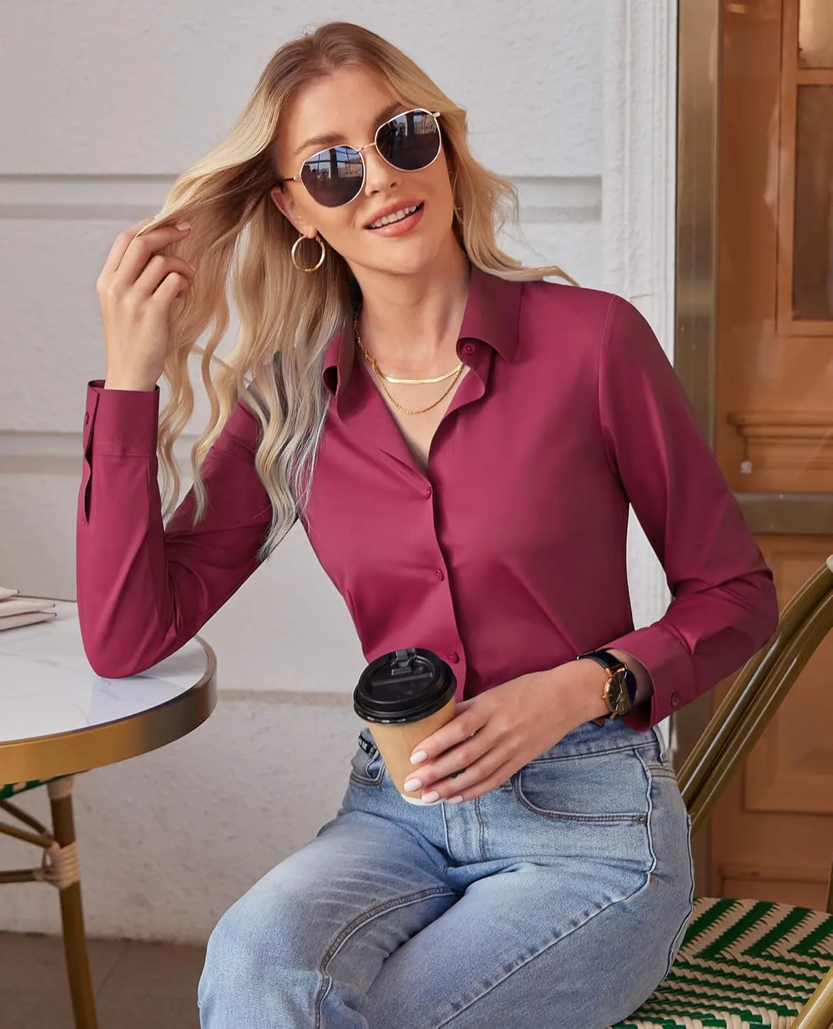 siliteelon Button Down Shirts for Women Slim fit Long Sleeve Stretch Dress Shirts Work Shirt Wrinkle Free Office Blouses