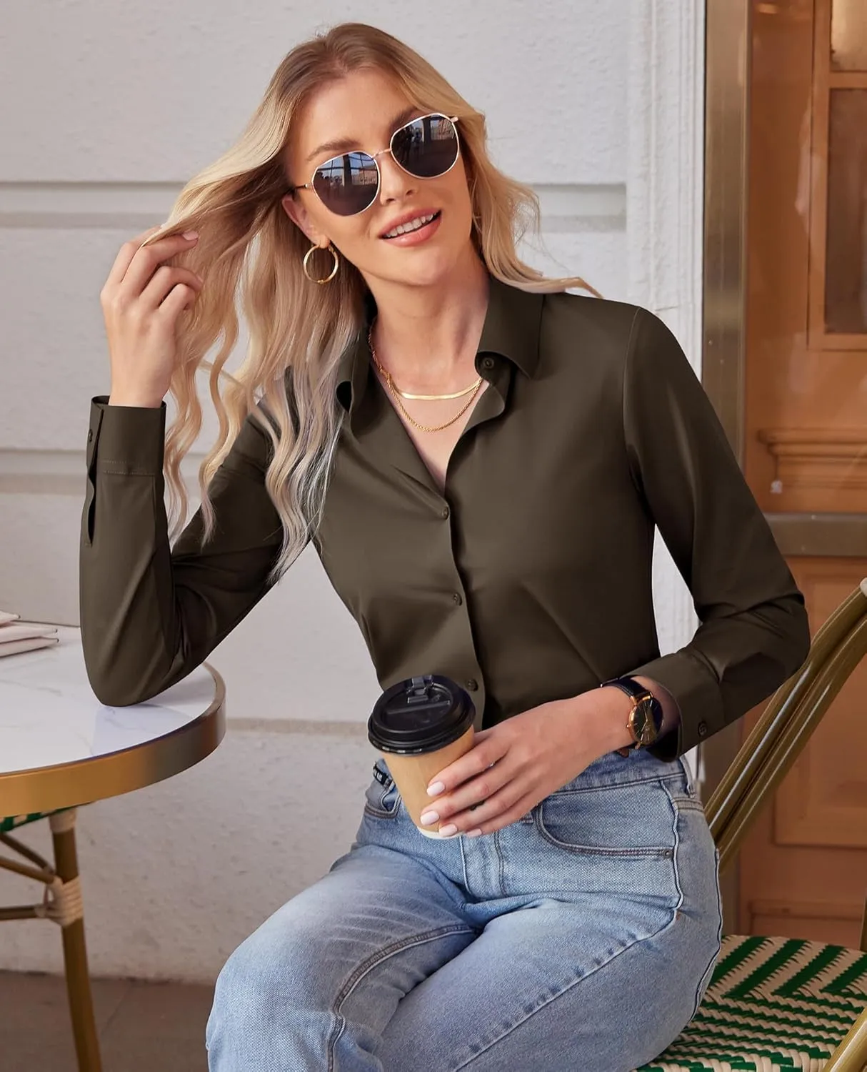 siliteelon Button Down Shirts for Women Slim fit Long Sleeve Stretch Dress Shirts Work Shirt Wrinkle Free Office Blouses