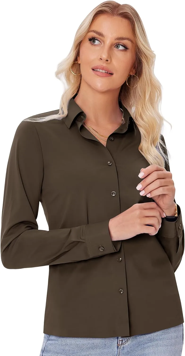 siliteelon Button Down Shirts for Women Slim fit Long Sleeve Stretch Dress Shirts Work Shirt Wrinkle Free Office Blouses
