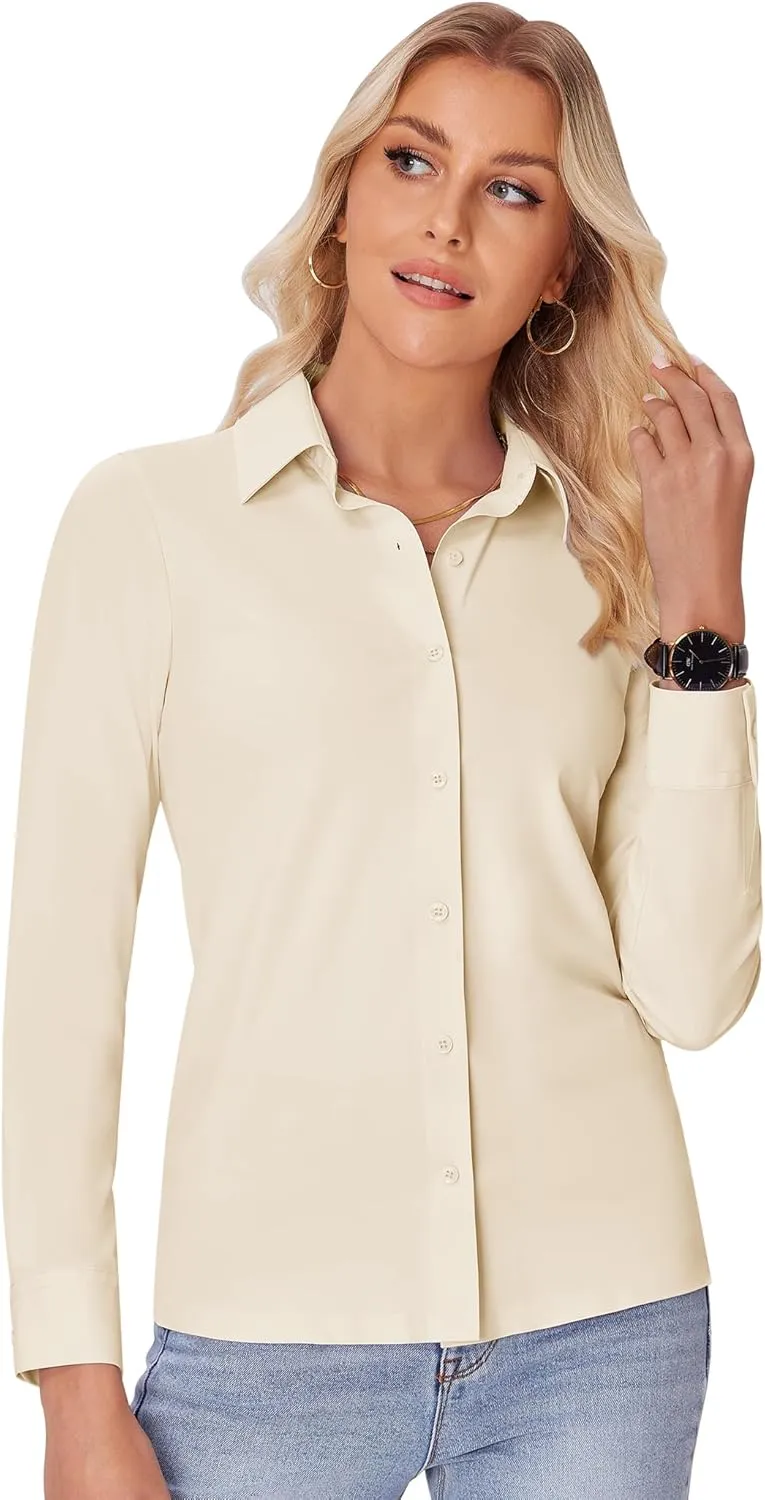 siliteelon Button Down Shirts for Women Slim fit Long Sleeve Stretch Dress Shirts Work Shirt Wrinkle Free Office Blouses