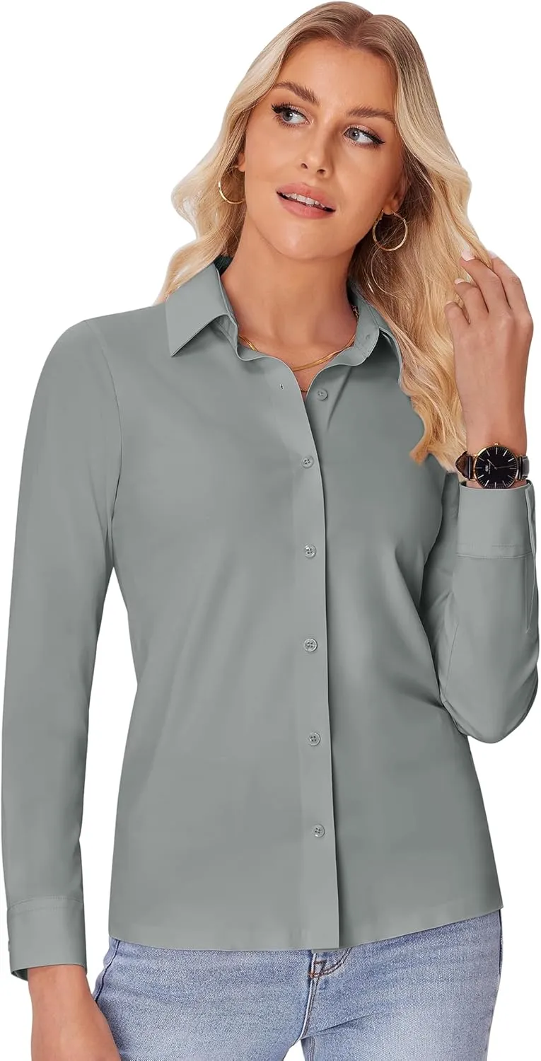 siliteelon Button Down Shirts for Women Slim fit Long Sleeve Stretch Dress Shirts Work Shirt Wrinkle Free Office Blouses