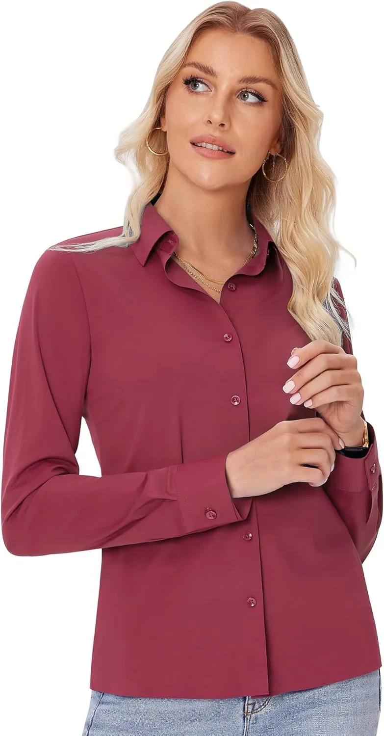 siliteelon Button Down Shirts for Women Slim fit Long Sleeve Stretch Dress Shirts Work Shirt Wrinkle Free Office Blouses
