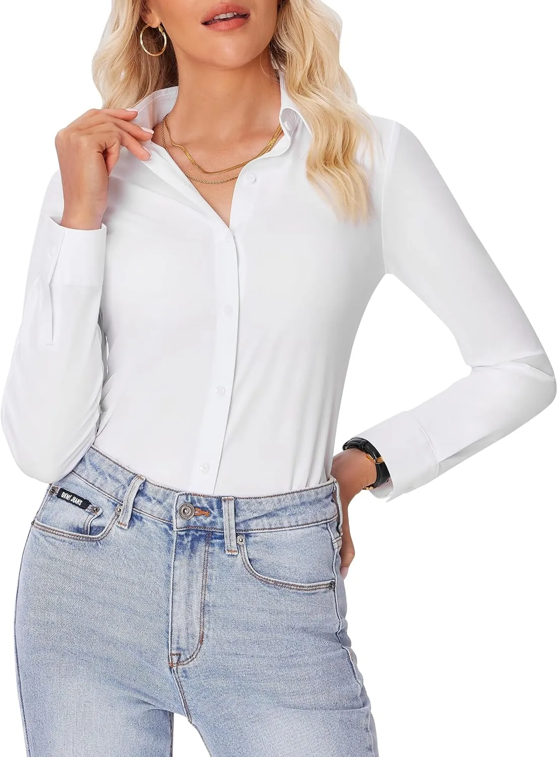 siliteelon Button Down Shirts for Women Slim fit Long Sleeve Stretch Dress Shirts Work Shirt Wrinkle Free Office Blouses