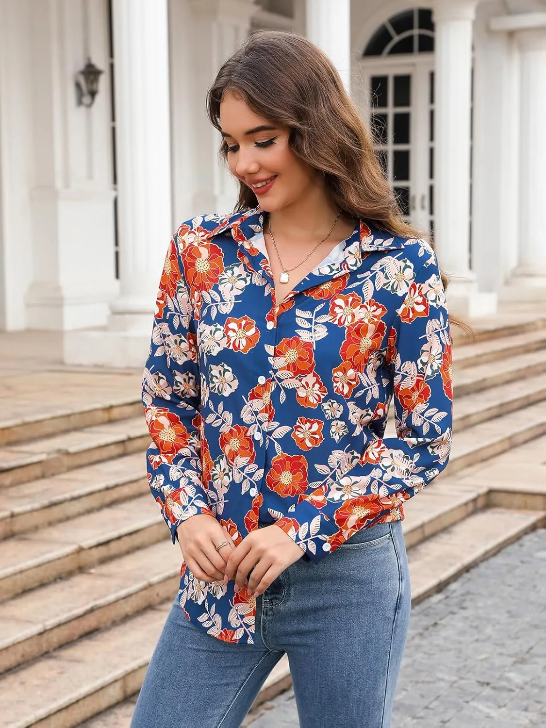 siliteelon Womens Button Down Shirts Dress Shirts Long Sleeve Wrinkle Free Collared Work Blouses Casual Print Chiffon Top