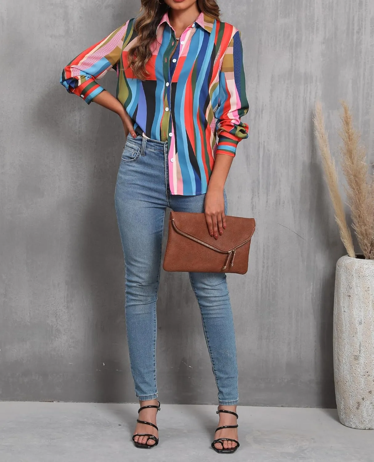 siliteelon Womens Button Down Shirts Dress Shirts Long Sleeve Wrinkle Free Collared Work Blouses Casual Print Chiffon Top
