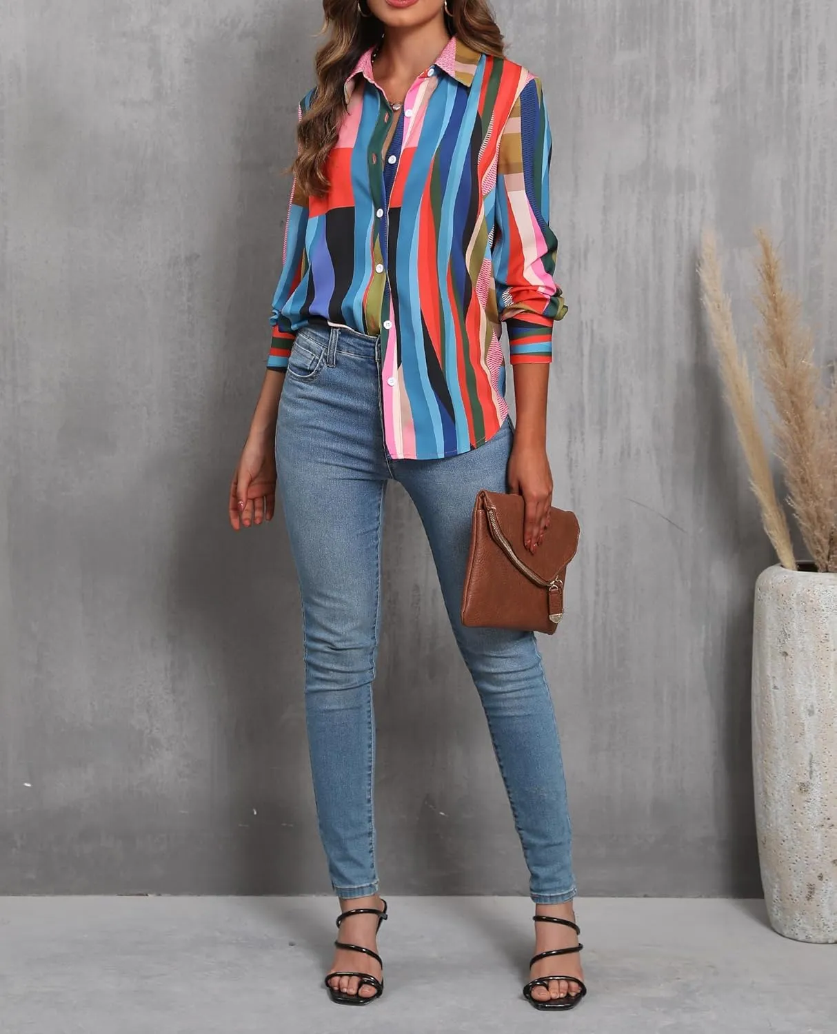 siliteelon Womens Button Down Shirts Dress Shirts Long Sleeve Wrinkle Free Collared Work Blouses Casual Print Chiffon Top