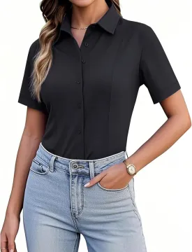 siliteelon Women's Button Down Shirts Slim fit Short Sleeve Stretch Dress Shirts Wrinkle-Free Solid Work Blouse