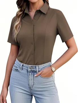siliteelon Women's Button Down Shirts Slim fit Short Sleeve Stretch Dress Shirts Wrinkle-Free Solid Work Blouse