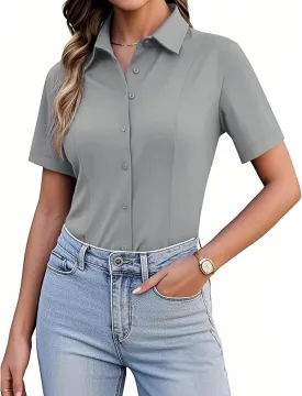 siliteelon Women's Button Down Shirts Slim fit Short Sleeve Stretch Dress Shirts Wrinkle-Free Solid Work Blouse