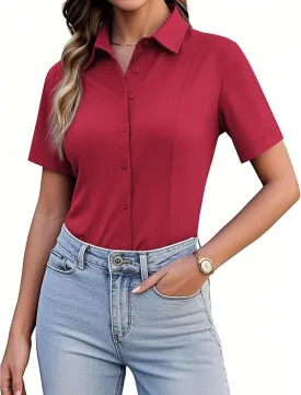 siliteelon Women's Button Down Shirts Slim fit Short Sleeve Stretch Dress Shirts Wrinkle-Free Solid Work Blouse