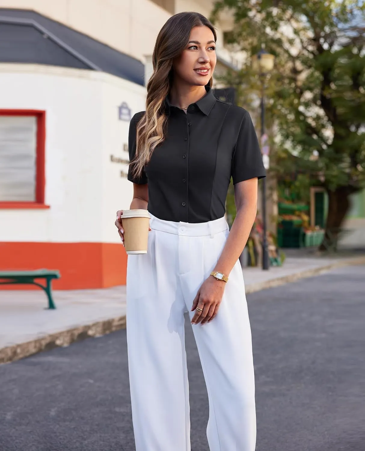 siliteelon Women's Button Down Shirts Slim fit Short Sleeve Stretch Dress Shirts Wrinkle-Free Solid Work Blouse