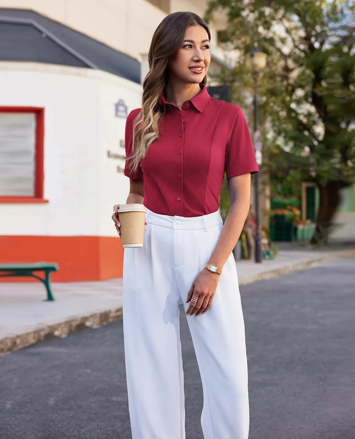 siliteelon Women's Button Down Shirts Slim fit Short Sleeve Stretch Dress Shirts Wrinkle-Free Solid Work Blouse