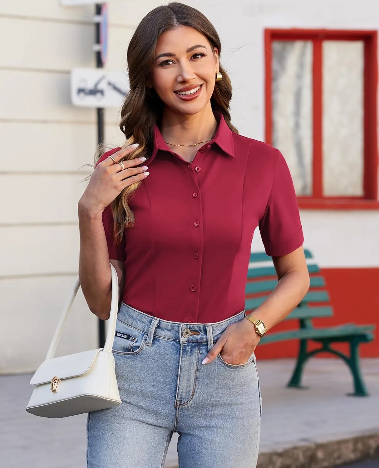 siliteelon Women's Button Down Shirts Slim fit Short Sleeve Stretch Dress Shirts Wrinkle-Free Solid Work Blouse