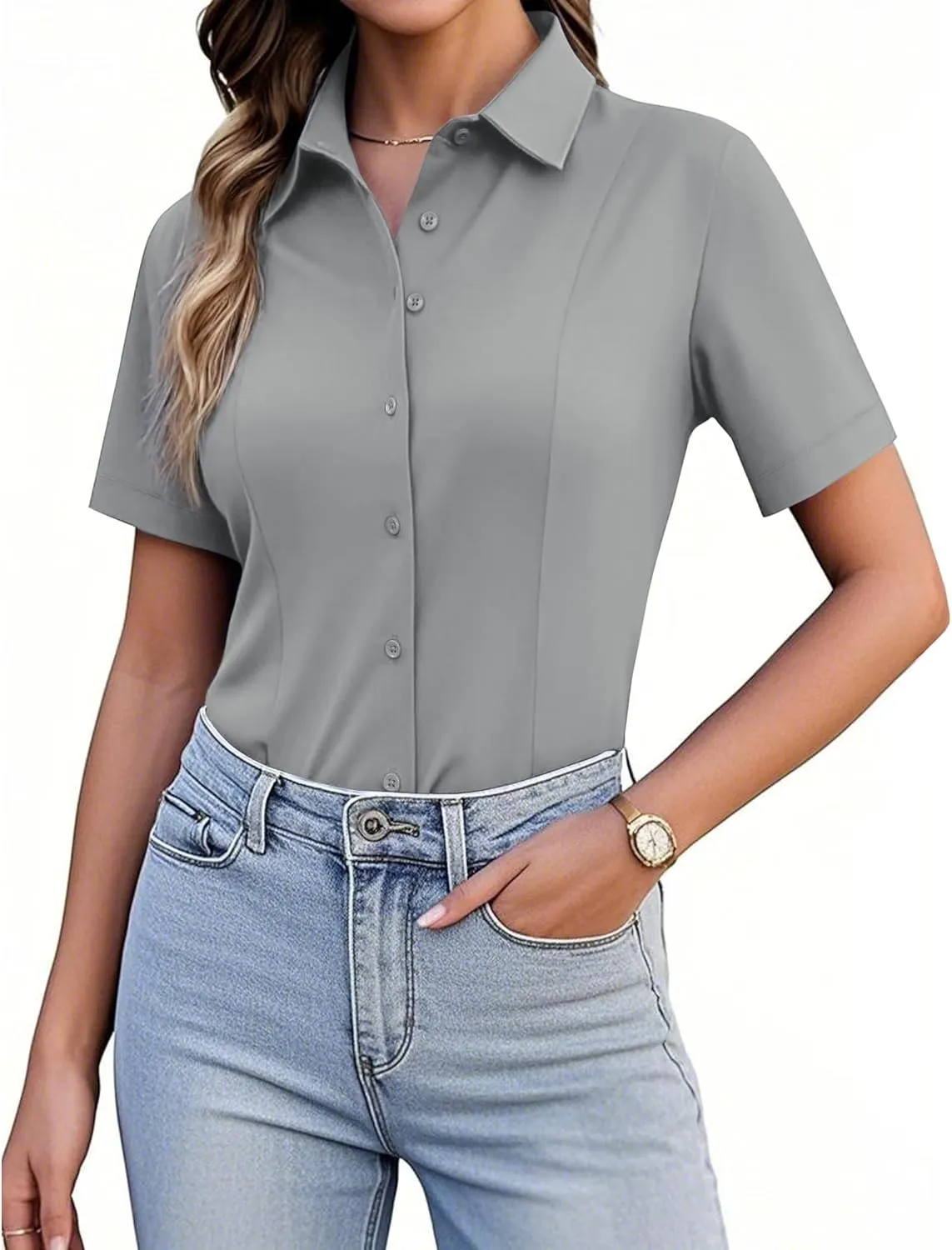 siliteelon Women's Button Down Shirts Slim fit Short Sleeve Stretch Dress Shirts Wrinkle-Free Solid Work Blouse