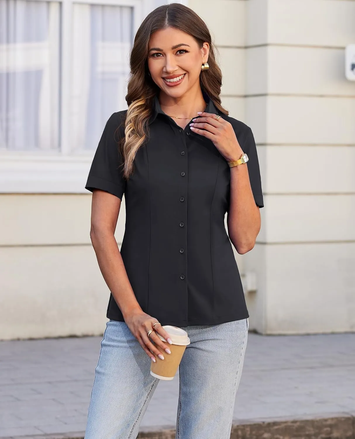 siliteelon Women's Button Down Shirts Slim fit Short Sleeve Stretch Dress Shirts Wrinkle-Free Solid Work Blouse