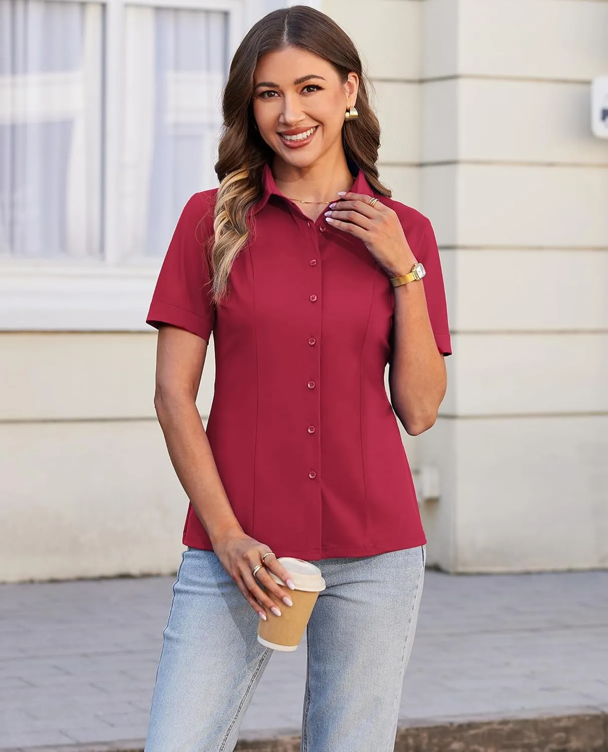 siliteelon Women's Button Down Shirts Slim fit Short Sleeve Stretch Dress Shirts Wrinkle-Free Solid Work Blouse