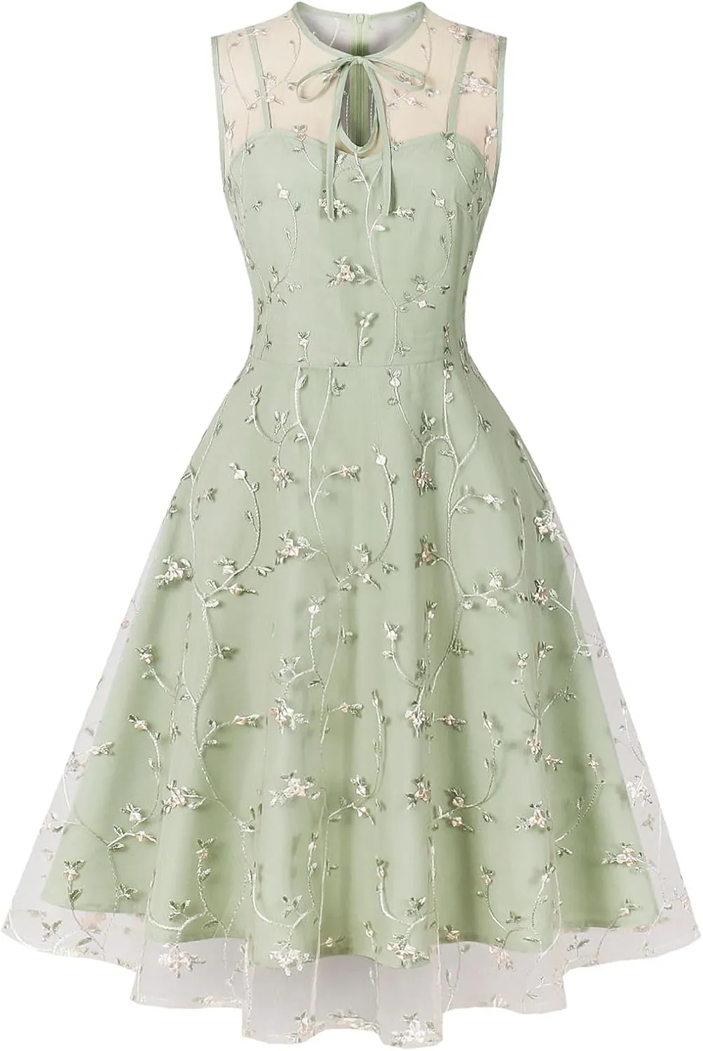 Sleeveless Floral Embroidery Dress for Women Flower Embroidery Tulle Prom Dress Mesh Illusion Keyhole Wedding Party Tea Dress