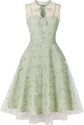 Sleeveless Floral Embroidery Dress for Women Flower Embroidery Tulle Prom Dress Mesh Illusion Keyhole Wedding Party Tea Dress