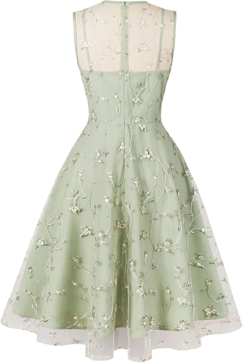 Sleeveless Floral Embroidery Dress for Women Flower Embroidery Tulle Prom Dress Mesh Illusion Keyhole Wedding Party Tea Dress