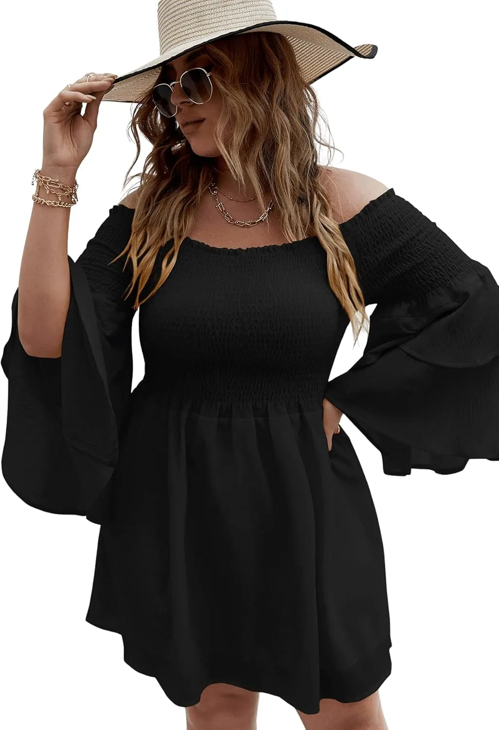 SOLY HUX Women's Plus Size Off Shoulder Long Sleeve Shirred Ruffle A Line Dress