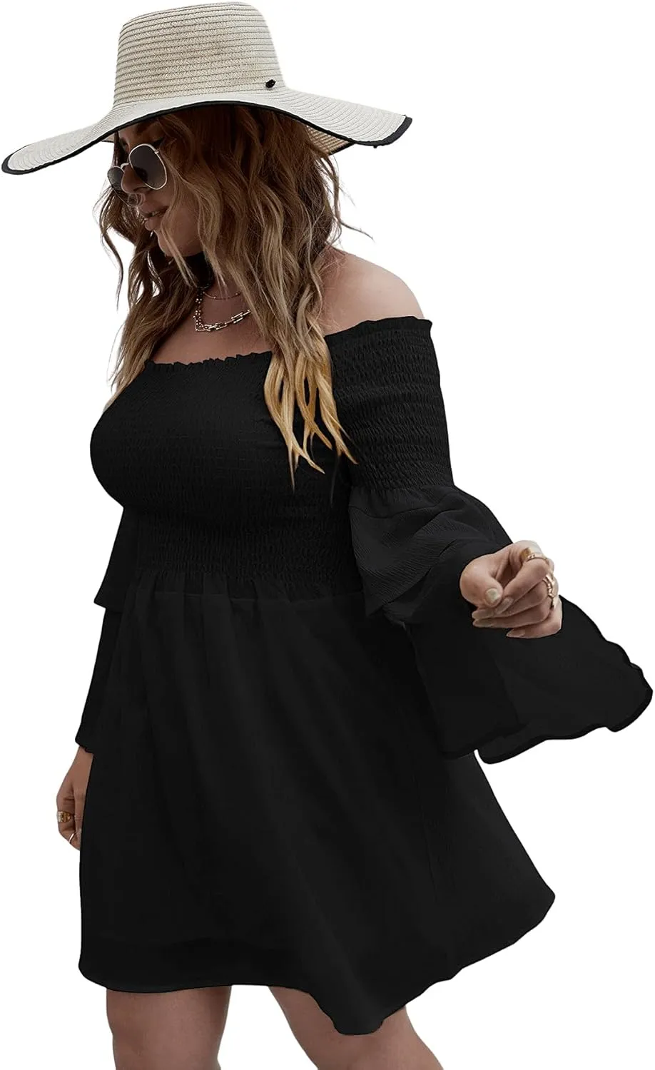 SOLY HUX Women's Plus Size Off Shoulder Long Sleeve Shirred Ruffle A Line Dress