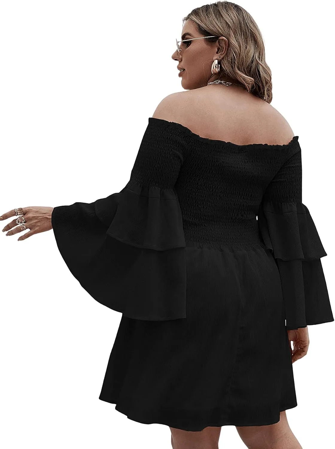 SOLY HUX Women's Plus Size Off Shoulder Long Sleeve Shirred Ruffle A Line Dress