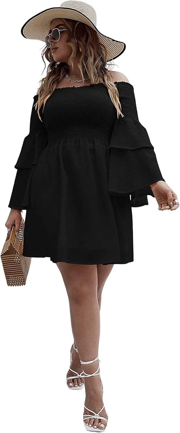 SOLY HUX Women's Plus Size Off Shoulder Long Sleeve Shirred Ruffle A Line Dress