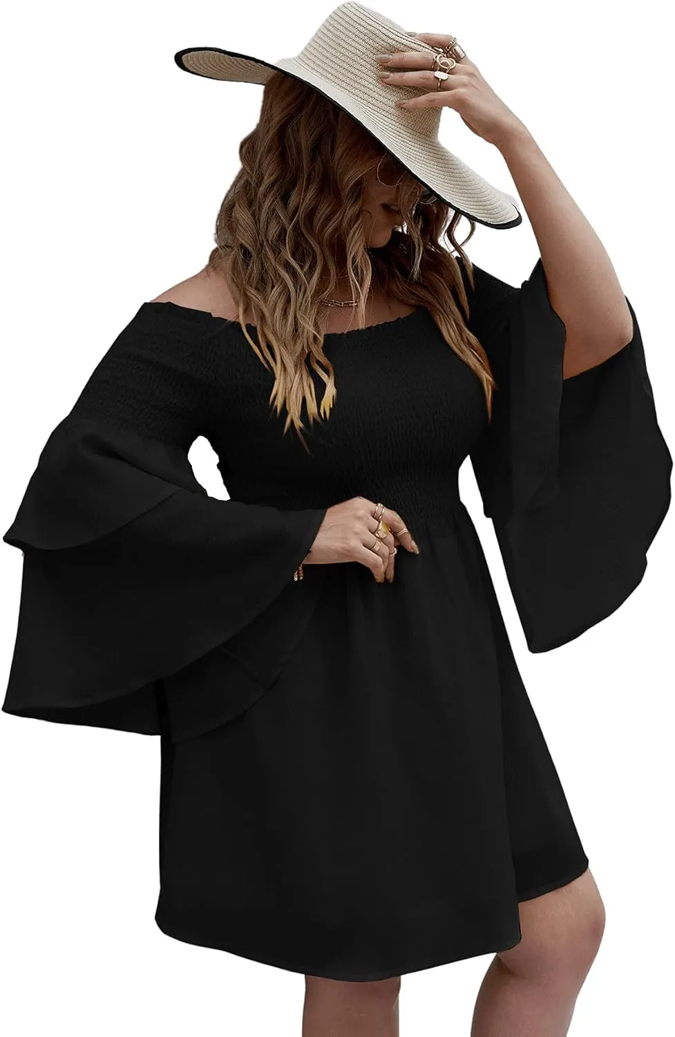 SOLY HUX Women's Plus Size Off Shoulder Long Sleeve Shirred Ruffle A Line Dress