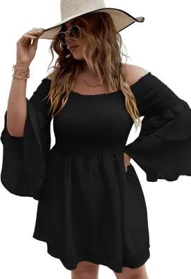SOLY HUX Women's Plus Size Off Shoulder Long Sleeve Shirred Ruffle A Line Dress