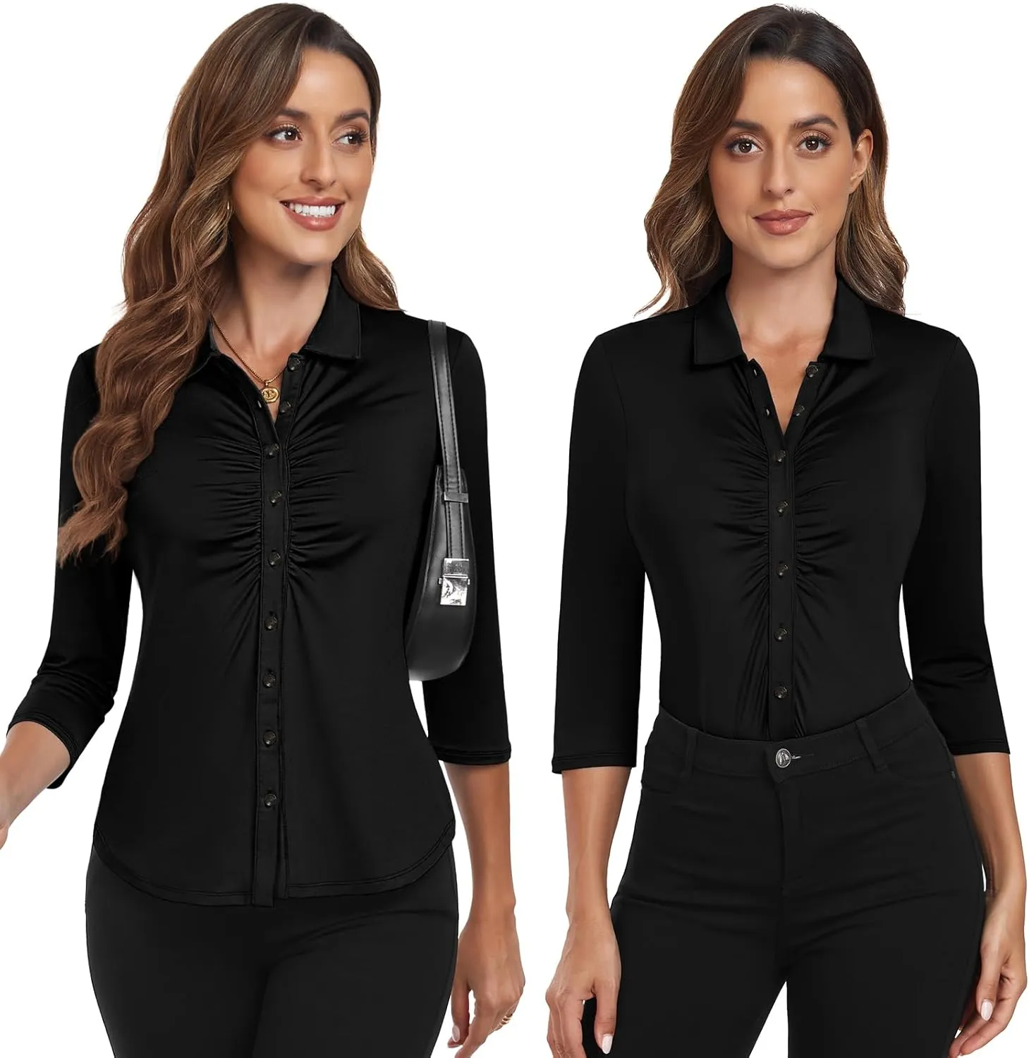 Soneven Women's 3/4 Sleeve Golf Polo Shirts V Neck Ruffle Sleeve Dressy Tops Casual Work Tunic Blouses