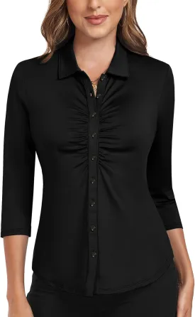 Soneven Women's 3/4 Sleeve Golf Polo Shirts V Neck Ruffle Sleeve Dressy Tops Casual Work Tunic Blouses
