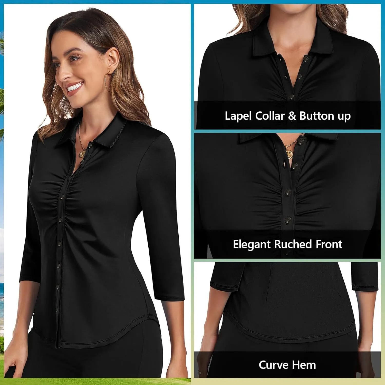 Soneven Women's 3/4 Sleeve Golf Polo Shirts V Neck Ruffle Sleeve Dressy Tops Casual Work Tunic Blouses