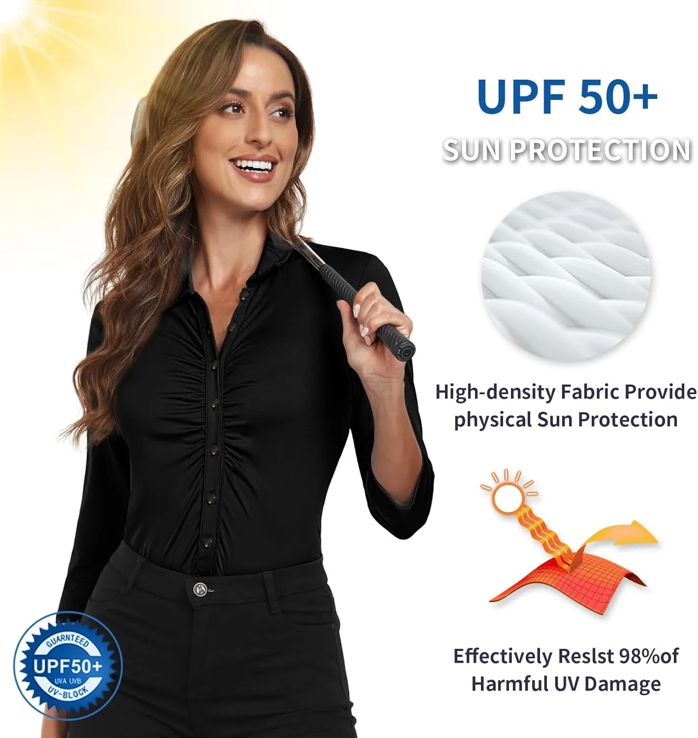 Soneven Women's 3/4 Sleeve Golf Polo Shirts V Neck Ruffle Sleeve Dressy Tops Casual Work Tunic Blouses